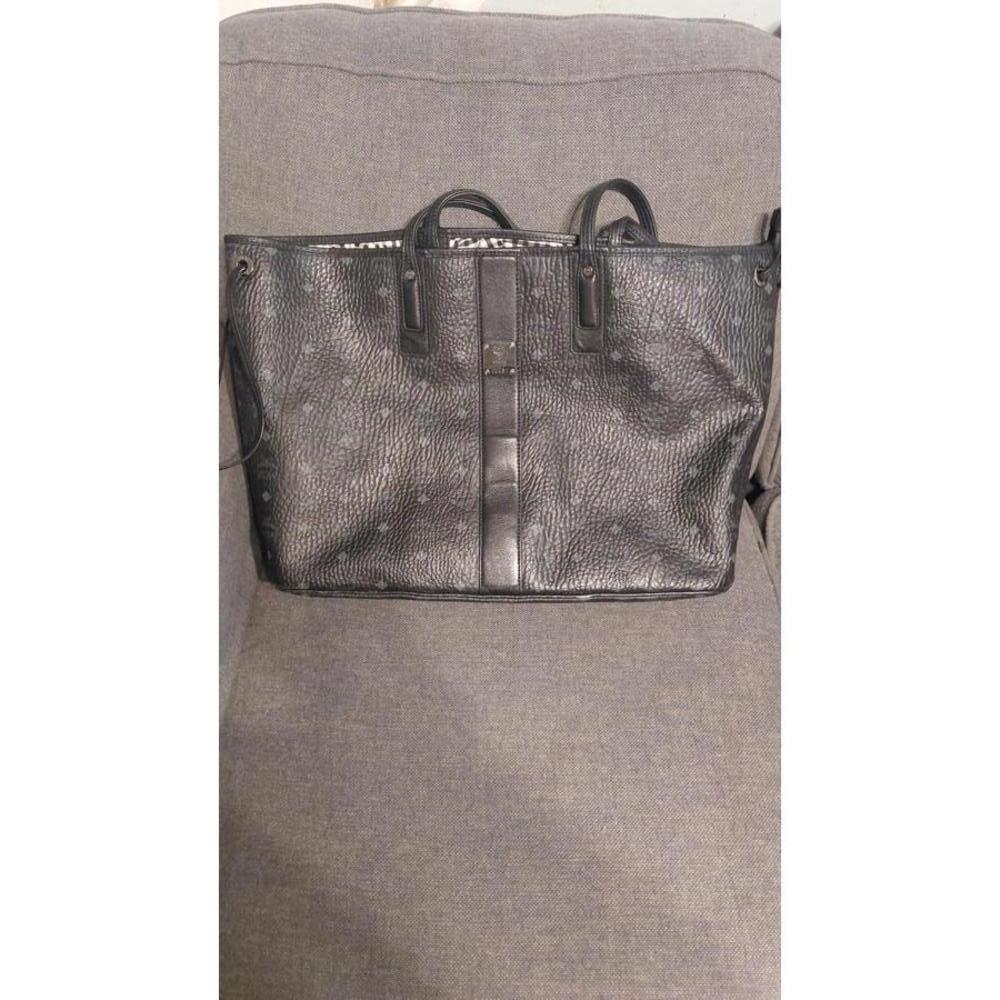 MCM Black Pebbled Leather Tote Bag with Checkered Interior